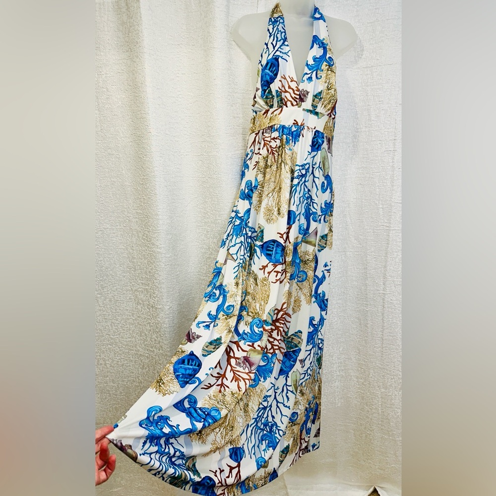 Boston Proper Maxi Halter Dress M Long Flowy Beach Ocean Reef Seashells Coral